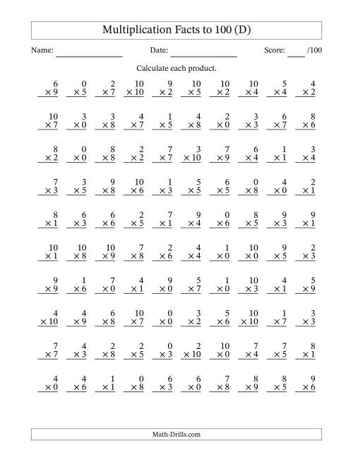 The Multiplication Facts to 100 (100 Questions) (With Zeros) (D) Math Worksheet