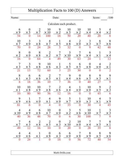 The Multiplication Facts to 100 (100 Questions) (With Zeros) (D) Math Worksheet Page 2