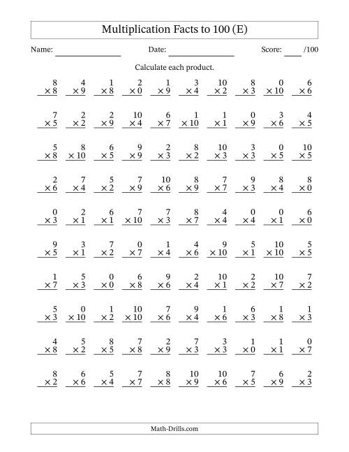The Multiplication Facts to 100 (100 Questions) (With Zeros) (E) Math Worksheet