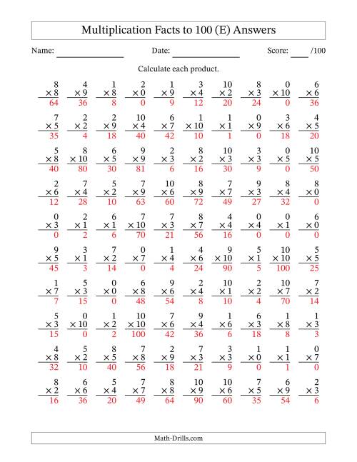 The Multiplication Facts to 100 (100 Questions) (With Zeros) (E) Math Worksheet Page 2