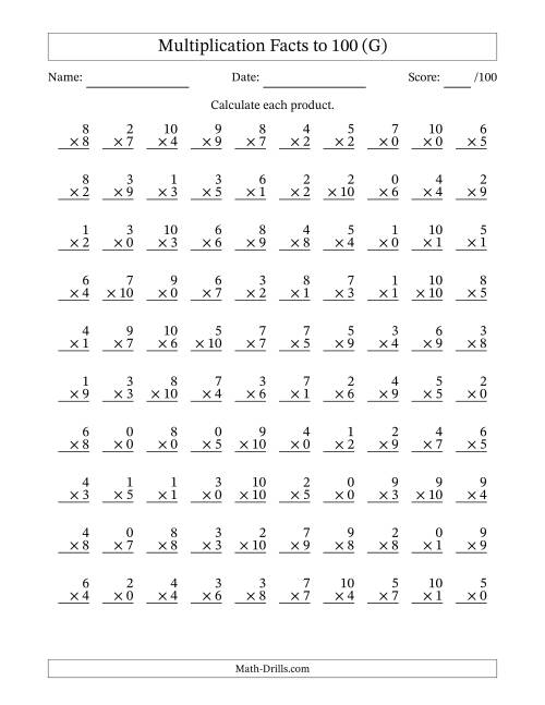 The Multiplication Facts to 100 (100 Questions) (With Zeros) (G) Math Worksheet