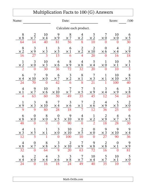 The Multiplication Facts to 100 (100 Questions) (With Zeros) (G) Math Worksheet Page 2