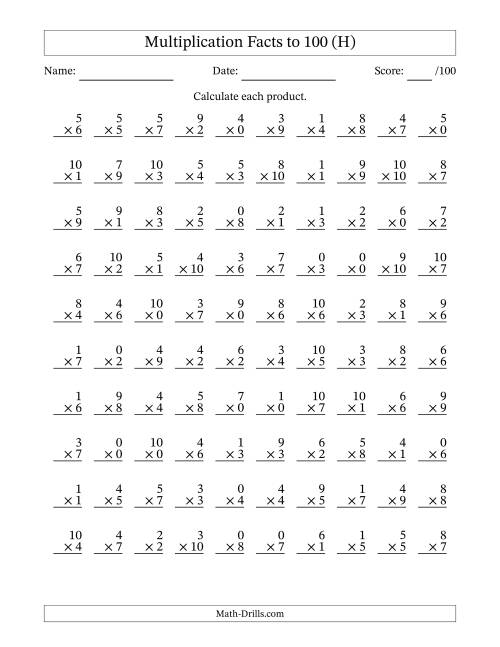 The Multiplication Facts to 100 (100 Questions) (With Zeros) (H) Math Worksheet