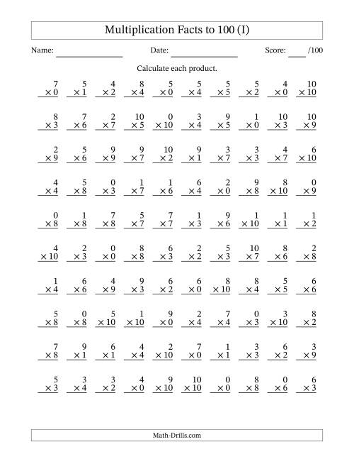 The Multiplication Facts to 100 (100 Questions) (With Zeros) (I) Math Worksheet