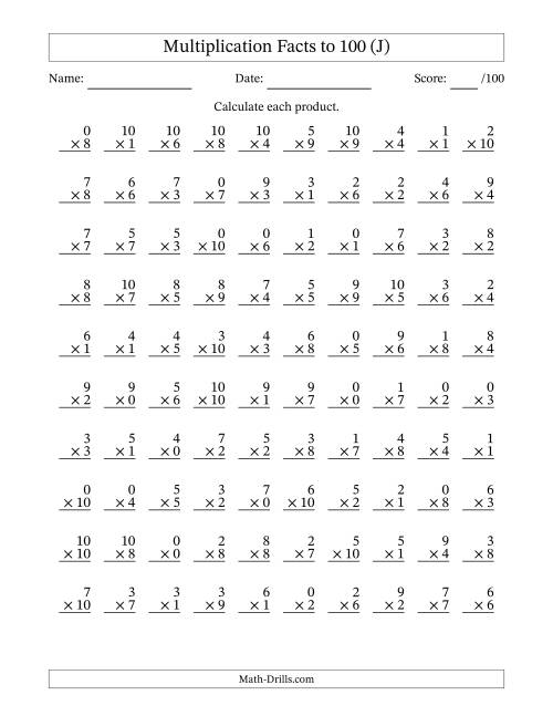 The Multiplication Facts to 100 (100 Questions) (With Zeros) (J) Math Worksheet