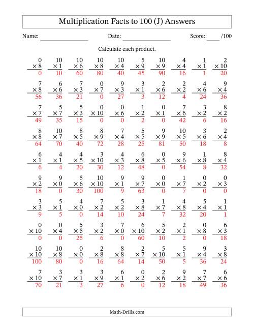 The Multiplication Facts to 100 (100 Questions) (With Zeros) (J) Math Worksheet Page 2