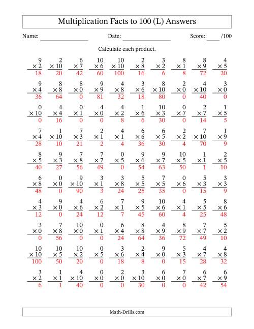 The Multiplication Facts to 100 (100 Questions) (With Zeros) (L) Math Worksheet Page 2