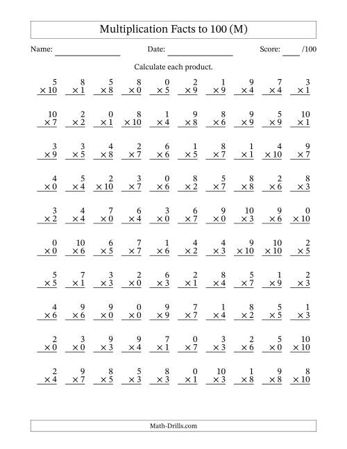 The Multiplication Facts to 100 (100 Questions) (With Zeros) (M) Math Worksheet