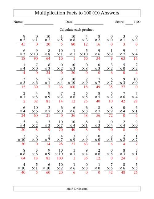 The Multiplication Facts to 100 (100 Questions) (With Zeros) (O) Math Worksheet Page 2