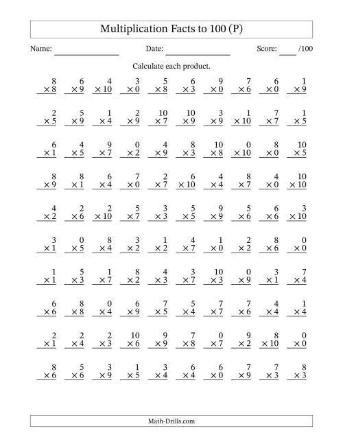 The Multiplication Facts to 100 (100 Questions) (With Zeros) (P) Math Worksheet