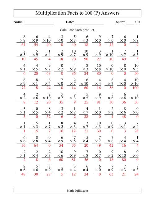 The Multiplication Facts to 100 (100 Questions) (With Zeros) (P) Math Worksheet Page 2