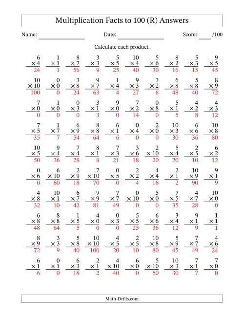 The Multiplication Facts to 100 (100 Questions) (With Zeros) (R) Math Worksheet Page 2
