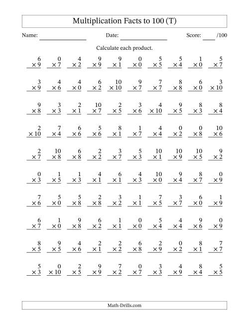 The Multiplication Facts to 100 (100 Questions) (With Zeros) (T) Math Worksheet