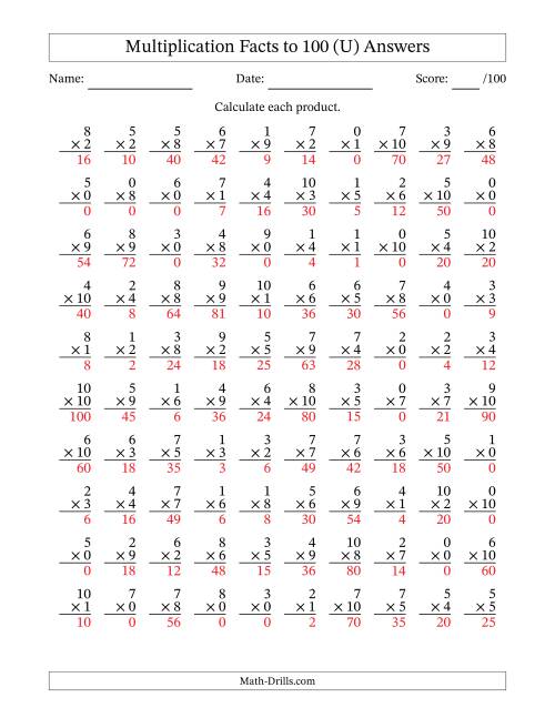 The Multiplication Facts to 100 (100 Questions) (With Zeros) (U) Math Worksheet Page 2