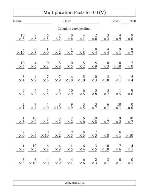 The Multiplication Facts to 100 (100 Questions) (With Zeros) (V) Math Worksheet