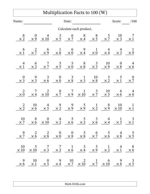 The Multiplication Facts to 100 (100 Questions) (With Zeros) (W) Math Worksheet