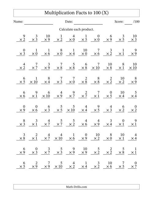 The Multiplication Facts to 100 (100 Questions) (With Zeros) (X) Math Worksheet