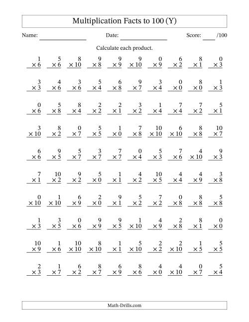 The Multiplication Facts to 100 (100 Questions) (With Zeros) (Y) Math Worksheet