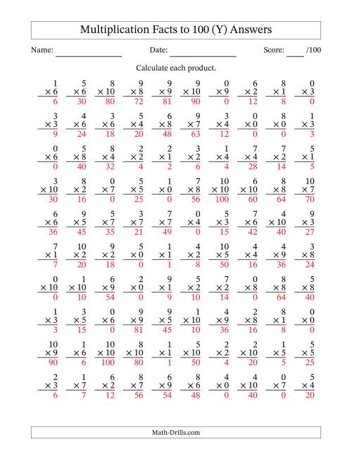 The Multiplication Facts to 100 (100 Questions) (With Zeros) (Y) Math Worksheet Page 2