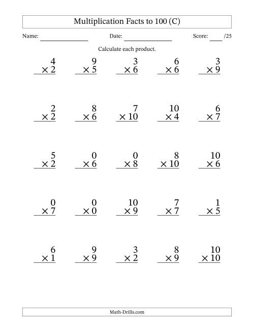 The Multiplication Facts to 100 (25 Questions) (With Zeros) (C) Math Worksheet