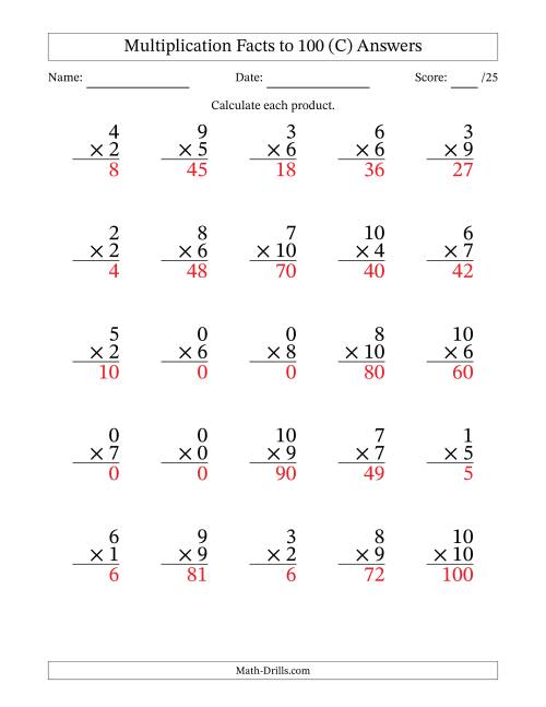 The Multiplication Facts to 100 (25 Questions) (With Zeros) (C) Math Worksheet Page 2