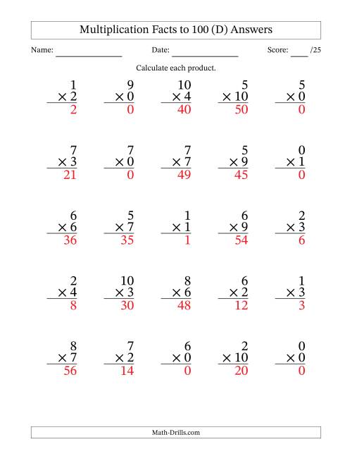 The Multiplication Facts to 100 (25 Questions) (With Zeros) (D) Math Worksheet Page 2