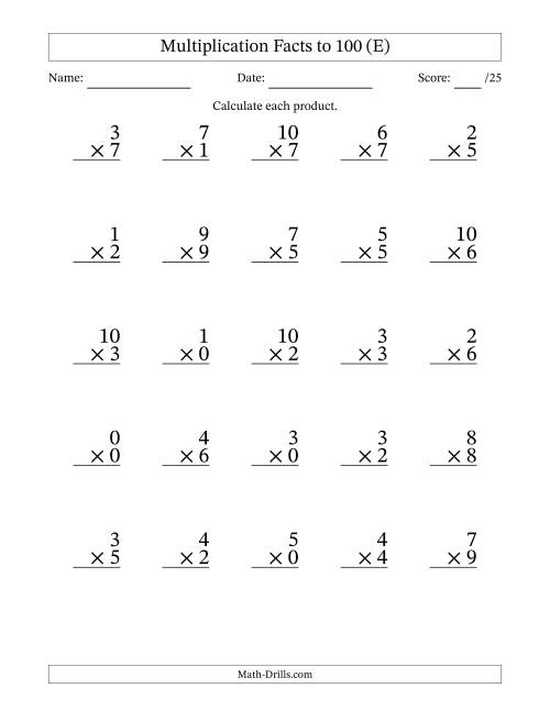 The Multiplication Facts to 100 (25 Questions) (With Zeros) (E) Math Worksheet