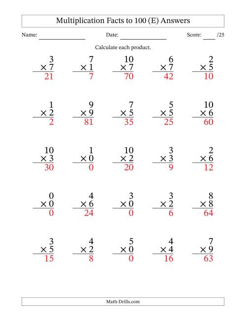 The Multiplication Facts to 100 (25 Questions) (With Zeros) (E) Math Worksheet Page 2