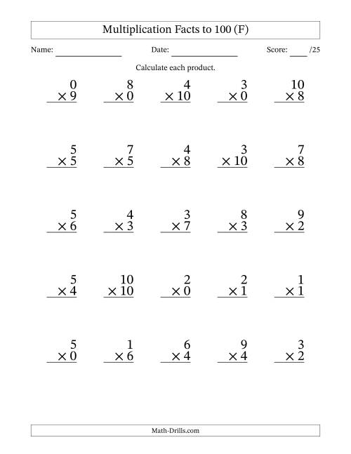 The Multiplication Facts to 100 (25 Questions) (With Zeros) (F) Math Worksheet