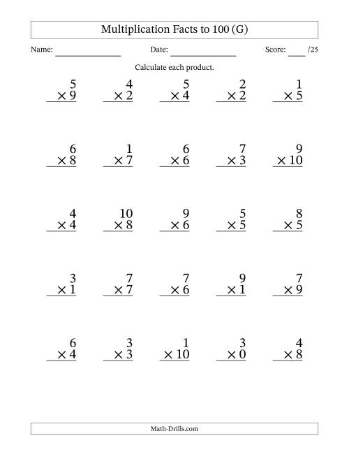 The Multiplication Facts to 100 (25 Questions) (With Zeros) (G) Math Worksheet