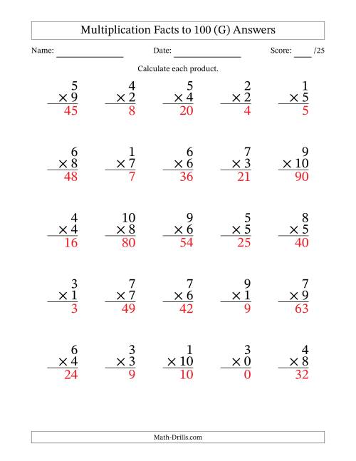 The Multiplication Facts to 100 (25 Questions) (With Zeros) (G) Math Worksheet Page 2
