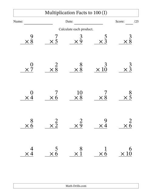 The Multiplication Facts to 100 (25 Questions) (With Zeros) (I) Math Worksheet