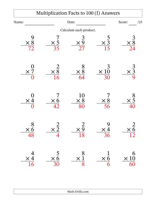 The Multiplication Facts to 100 (25 Questions) (With Zeros) (I) Math Worksheet Page 2
