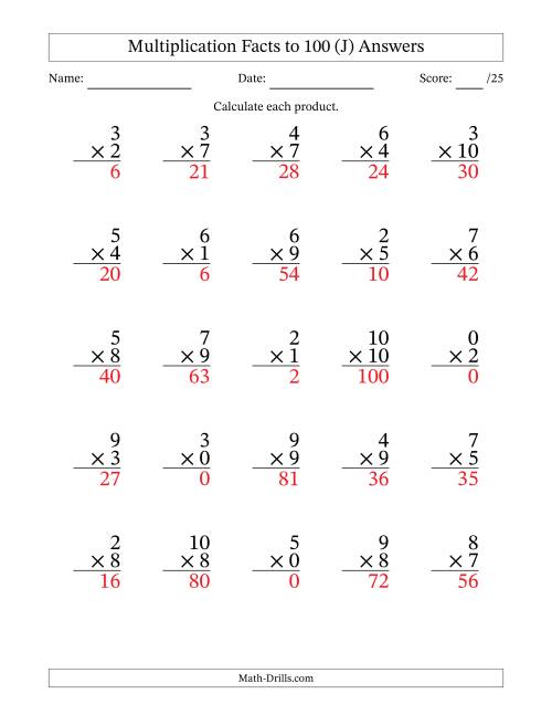The Multiplication Facts to 100 (25 Questions) (With Zeros) (J) Math Worksheet Page 2