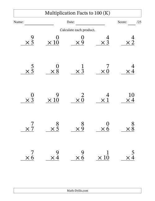 The Multiplication Facts to 100 (25 Questions) (With Zeros) (K) Math Worksheet
