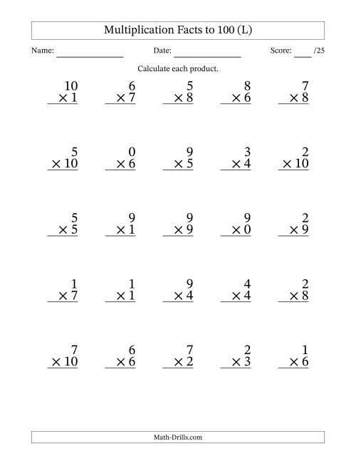 The Multiplication Facts to 100 (25 Questions) (With Zeros) (L) Math Worksheet
