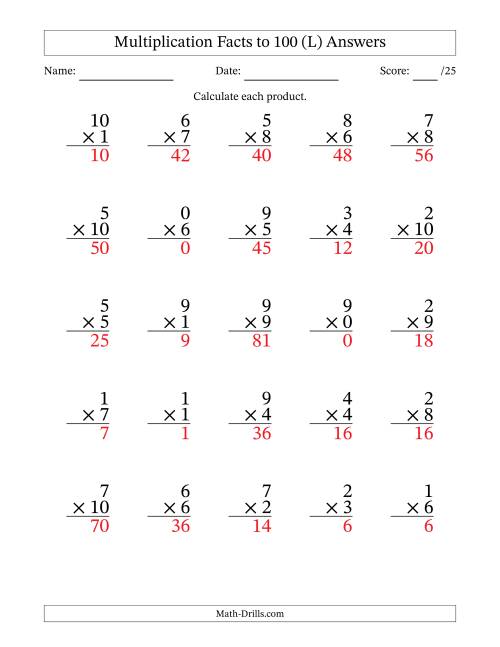 The Multiplication Facts to 100 (25 Questions) (With Zeros) (L) Math Worksheet Page 2