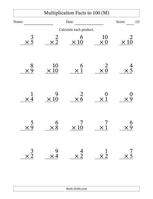 The Multiplication Facts to 100 (25 Questions) (With Zeros) (M) Math Worksheet