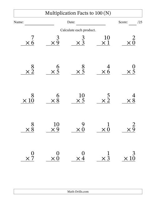The Multiplication Facts to 100 (25 Questions) (With Zeros) (N) Math Worksheet
