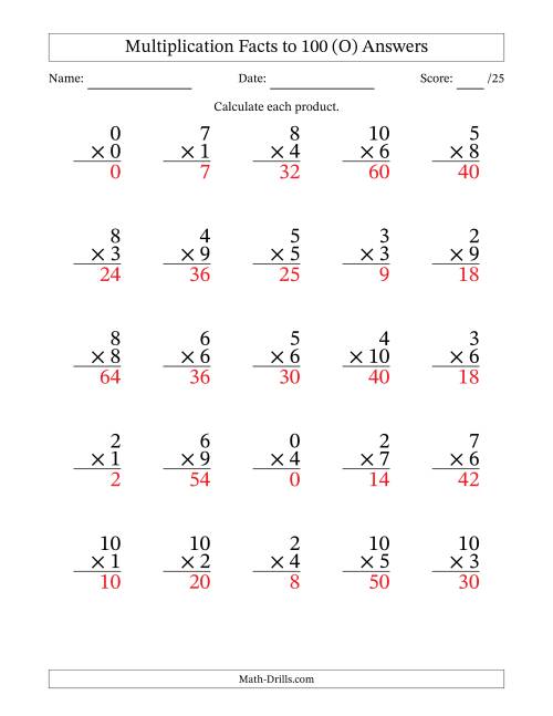 The Multiplication Facts to 100 (25 Questions) (With Zeros) (O) Math Worksheet Page 2