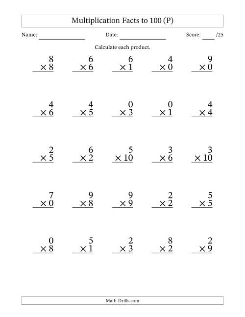 The Multiplication Facts to 100 (25 Questions) (With Zeros) (P) Math Worksheet
