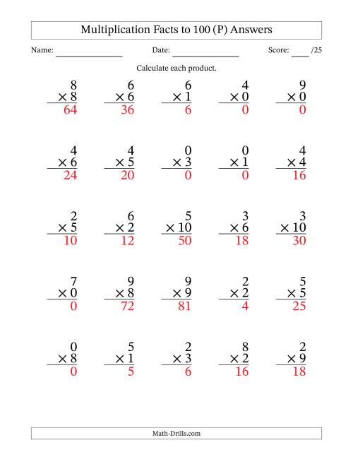 The Multiplication Facts to 100 (25 Questions) (With Zeros) (P) Math Worksheet Page 2