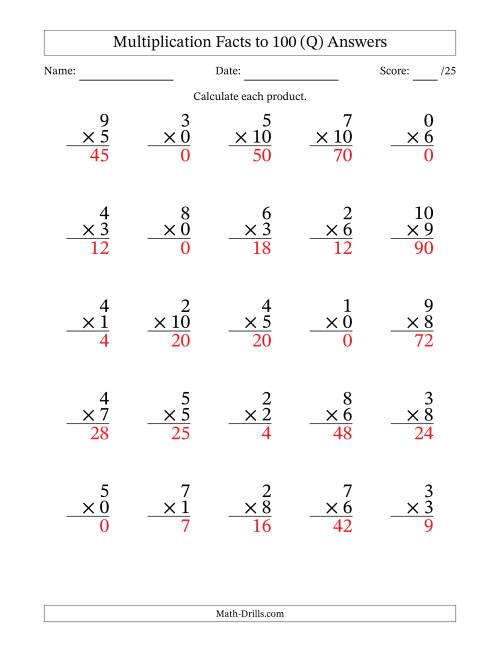 The Multiplication Facts to 100 (25 Questions) (With Zeros) (Q) Math Worksheet Page 2