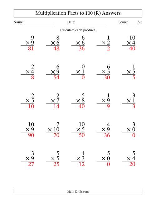 The Multiplication Facts to 100 (25 Questions) (With Zeros) (R) Math Worksheet Page 2