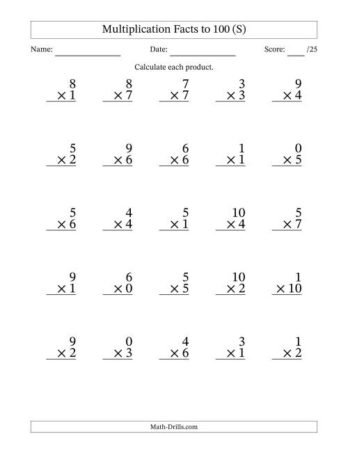 The Multiplication Facts to 100 (25 Questions) (With Zeros) (S) Math Worksheet