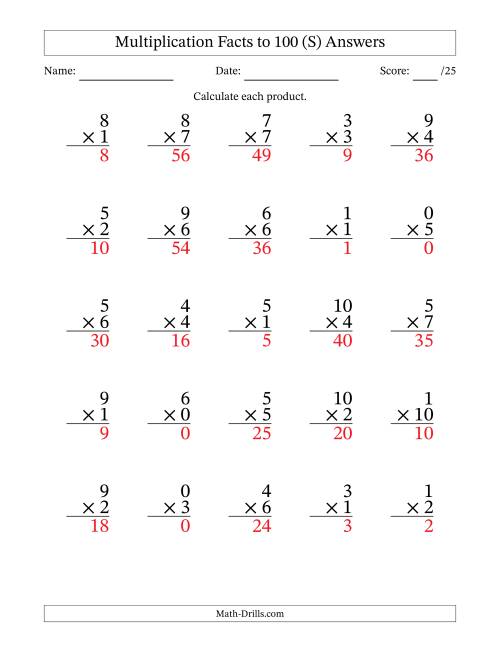 The Multiplication Facts to 100 (25 Questions) (With Zeros) (S) Math Worksheet Page 2