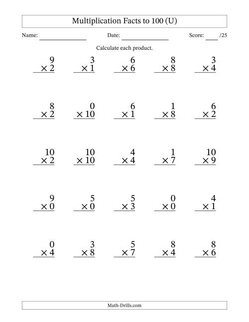 The Multiplication Facts to 100 (25 Questions) (With Zeros) (U) Math Worksheet