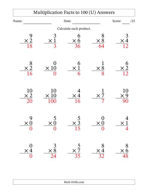 The Multiplication Facts to 100 (25 Questions) (With Zeros) (U) Math Worksheet Page 2