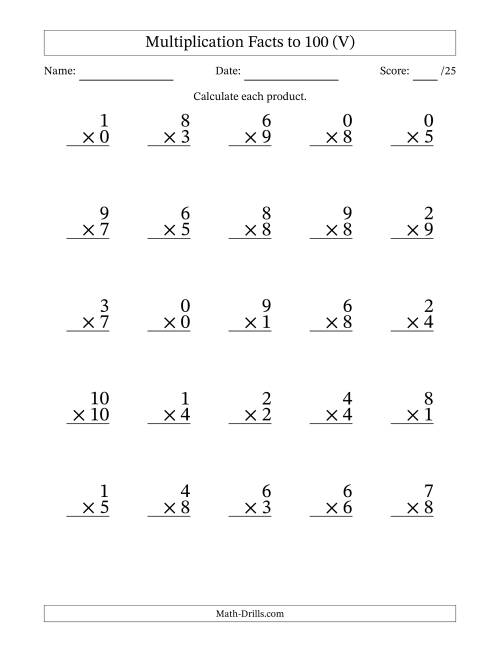 The Multiplication Facts to 100 (25 Questions) (With Zeros) (V) Math Worksheet