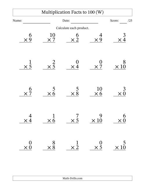 The Multiplication Facts to 100 (25 Questions) (With Zeros) (W) Math Worksheet